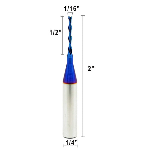 Beefy Down Cut Router Bit 1/16 Inch Cutting Diameter 1/4 Inch Shank Solid Carbide End Mill With Nano Blue Coating front view