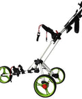 Slick Foldable Three Wheeled Golf Cart Crafted From Solid Aluminum Alloy with green wheels and adjustable handle.