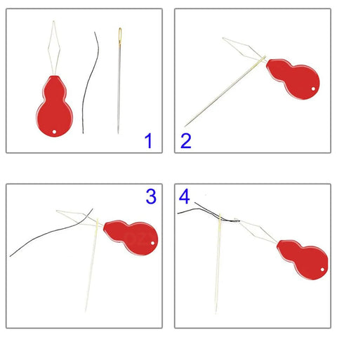 Gourd shaped threaders threading needles from the Ultimate 140 Piece Sewing Tool Set With Tomato Pin Cushion Glass Ball Head Pins