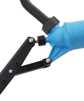 Plastic Lever Action Drum Pump Hand Transfer For 5 To 55 Gallon Barrels Delivers 10.8 Oz Per Stroke Fits 2 Inch Bung Openings Awesome For Oils Water Based Liquids And Mild Acids Or Alkalis In Workshop Or Farm Blue close-up of lever hinge and blue pump body