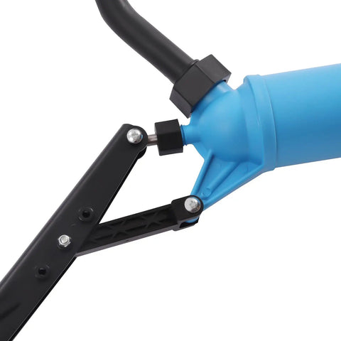 Plastic Lever Action Drum Pump Hand Transfer For 5 To 55 Gallon Barrels Delivers 10.8 Oz Per Stroke Fits 2 Inch Bung Openings Awesome For Oils Water Based Liquids And Mild Acids Or Alkalis In Workshop Or Farm Blue close-up of lever hinge and blue pump body