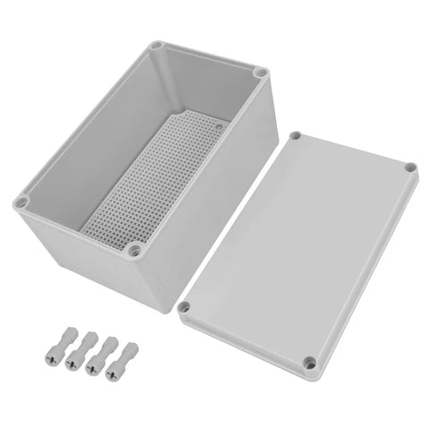 Heavy Duty Outdoor Junction Box With Mounting Plate IP67 Waterproof Electrical Enclosure Abs Project Case Built Tough For Diy Wiring And Gear Storage showing open gray case with removable cover and mounting plate.