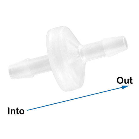 JoyTube check valve, PVDF, 1/8 in hose barb, clear plastic