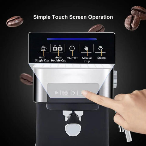 Top Shelf 20 Bar Semi Automatic Espresso Coffee Maker With Reliable Milk Frother Wand And Quick Fill Water Tank, touch screen controls.