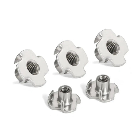 Beefy Four Claw Stainless Steel T Nuts Knock In Captive Nut Inserts For Wood And Speaker Enclosures, 304 Stainless, Five Sixteenths Inch By Eighteen Threads, 11mm Length, Pack Of 10 displayed on a white background