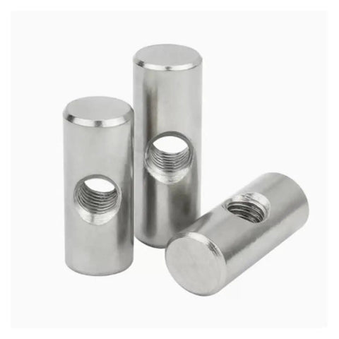 5 Pack Barrel Nuts And Cross Dowel Bolts Set In Silver Stainless Steel For Quick Furniture Assembly, side view