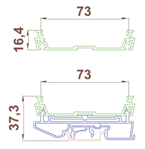 Technical drawing of Din Rail Mounting Carrier For 72 73mm Wide PCB Housing Bracket Adaptor Fits TH35 TH15 And G Rails 73 By 155 mm PCB Size