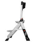 Side view of Jumbo Step Aluminum 2 Step Stool Ladder, Lightweight Yet Sturdy With A 375 Pound Duty Rating, foldable and portable.