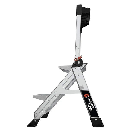 Side view of Jumbo Step Aluminum 2 Step Stool Ladder, Lightweight Yet Sturdy With A 375 Pound Duty Rating, foldable and portable.