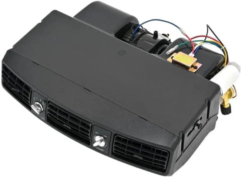Universal Underdash Air Conditioning Kit With Aluminum Condenser And Wiring Harness 12 Volt DC Evaporator with control knobs and wiring.