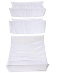 Three Piece Foldable Closet Organizer Bins With Adjustable Drawer Dividers For Socks Undies And Lingerie, white fabric cubes.