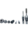 Pro Grade MT3 Morse Taper Lathe Tailstock Tap And Die Holder Set Eight Piece Threading And Tapping Kit, metal components displayed