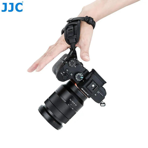 Pro Mirrorless Camera Hand Grip Strap With Arca Type Plate, Adjustable Length, attached to a Sony camera.
