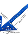 Blue 45 And 90 Degree Right Angle Center Finder Ruler For Woodworking Aluminum Alloy Scribe Measuring Tool, showing metric markings