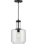 Latrobe Collection 1-Light Clear Glass Coastal Pendant Light In Matte Black With Bottle-Shaped Shade And Round Ceiling Mount