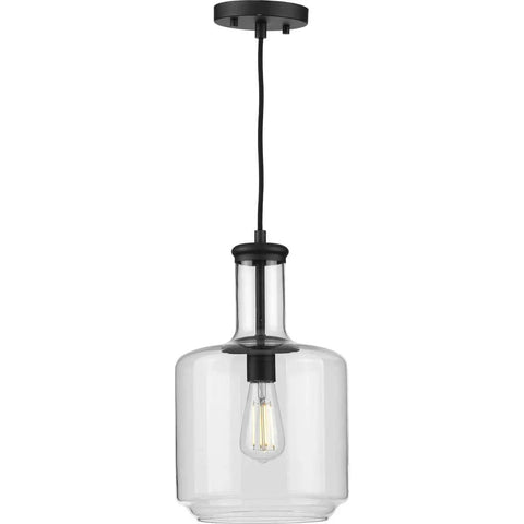 Latrobe Collection 1-Light Clear Glass Coastal Pendant Light In Matte Black With Bottle-Shaped Shade And Round Ceiling Mount