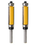 Premium Flush Trim Router Bit Two Piece Set Featuring Quarter Inch Shank And Dual Top And Bottom Ball Bearings Made From Tough Carbide Steel, close-up view.