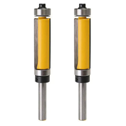 Premium Flush Trim Router Bit Two Piece Set Featuring Quarter Inch Shank And Dual Top And Bottom Ball Bearings Made From Tough Carbide Steel, close-up view.