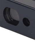 Close-up of the lens area of a Handheld Laser Distance Meter With Aluminum Alloy Build, Dual Light Sensing Apertures, And Aspheric Focusing Mirror.