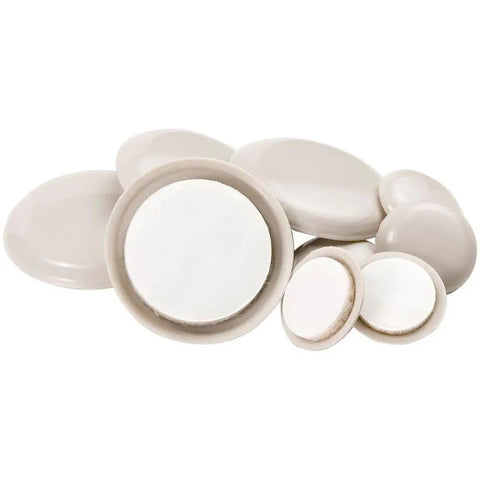 White Rubber Screw On Furniture Bumpers 7/8 Inch Anti Scuff Chair Leg Caps in various sizes for smooth floor protection.