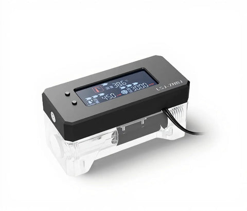 Inline PC Water Cooling Flow Meter With OLED Display, showing temperature and RPM, for DIY PC builds and custom loops, electronic flow indicator.