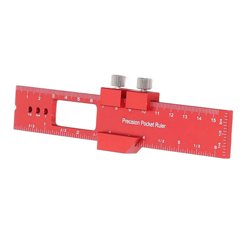 6 Inch Woodworking Ruler With Adjustable Sliding Stop, aluminum alloy pocket ruler with engraved scales in red for marking and measuring.