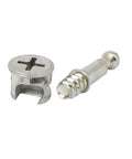 Heavy Duty Self Tapping Furniture Cabinet Connector Kit Featuring Zinc Plated Cam Locks And Precision Steel Dowels With Pro Grade Hardware, showing cam lock and steel dowel.