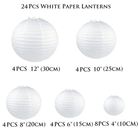 Set Of 24 White Paper Lanterns In Mixed Sizes 4 6 8 10 12 Inches With Metal Frames No Fuss Easy Setup Round Hanging Lamps
