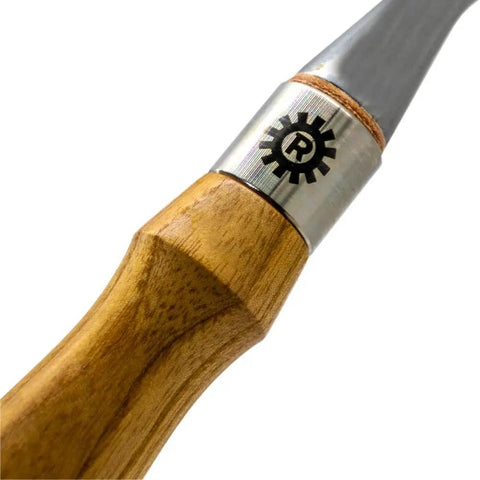 Close-up of Heavy Duty Chrome Vanadium Paring Chisel With Cryogenic Treated Edge and Long Comfort Grip polished ash handle.