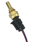 Engine coolant temperature sensor with pigtail; brass stem, hex nut, black housing, red and blue wires, side view.