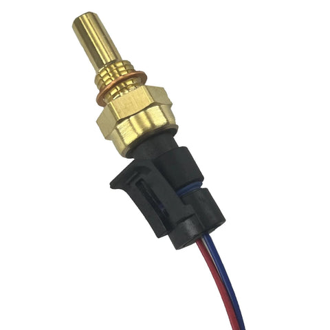 Engine coolant temperature sensor with pigtail; brass stem, hex nut, black housing, red and blue wires, side view.
