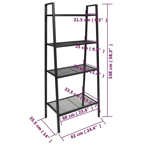 Industrial 4-Tier Metal Ladder Bookcase in Anthracite, 58.3 Inch Tall Open Display Shelf Organizer with dimensions shown