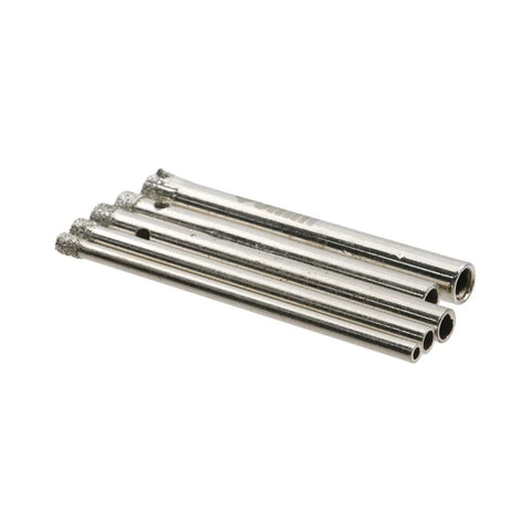 Heavy Duty Mini Hole Saw Kit Featuring Diamond Dust Coated Drill Bits For Glass Marble Masonry Cutting showing four drill bit sizes.