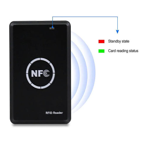 Black Dual Frequency Access Card Copier And RFID Writer Reader 125KHz 13.56MHz With NFC Tag Replicator showing status lights.