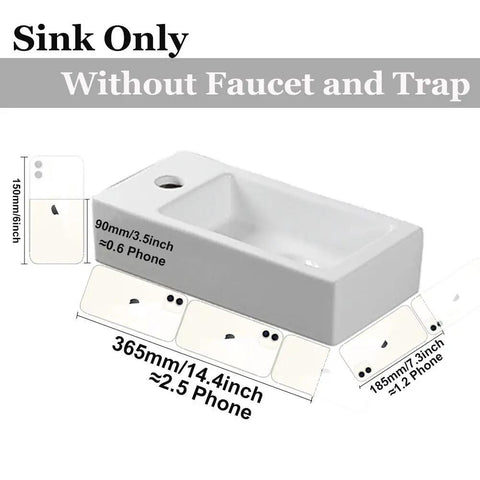 Wall Hung Cloakroom Basin Sink Small Rectangle Ceramic Wash Basin White High Gloss Finish Right Hand Tap Hole Slick Modern Wall Mounted
