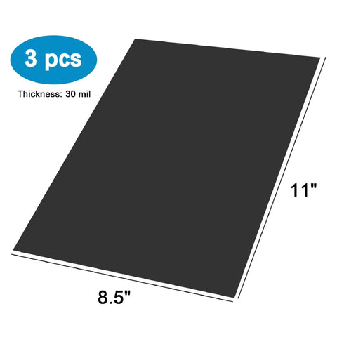 Non Magnetic Metal Sheets For Magnetic Receptive With Adhesive Backing Peel And Stick Steel Flexible 30 Mil Thick 8.5 By 11 Inches Set Of 3 Great For Holding Magnets On Any Surface, illustrated with dimensions and thickness.