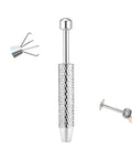 Stainless Steel Piercing Taper Grabber Tool Kit With Threadless Insertion Pin And Internal And External Thread Pins Flat Back Earrings 16G And 18G Sets For Ear Nose Navel Lip Eyebrow Tongue And Body Jewelry shown with grabber tool and pin.