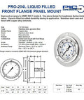 PIC PRO-204L glycerin-filled front-flange panel-mount pressure gauge, 2.5 in dial, 0-5000 psi, SS case, 1/4 in NPT