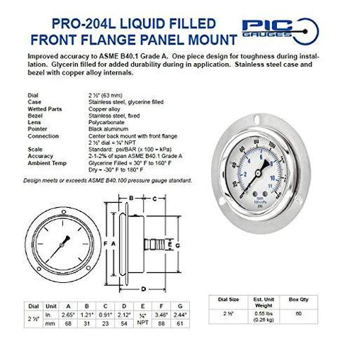 PIC PRO-204L glycerin-filled front-flange panel-mount pressure gauge, 2.5 in dial, 0-5000 psi, SS case, 1/4 in NPT