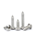 Heavy Duty Pan Head Phillips Screws 100 Pack Size 4 By Half Inch Self Tapping Fasteners slick silver 304 stainless steel close-up.