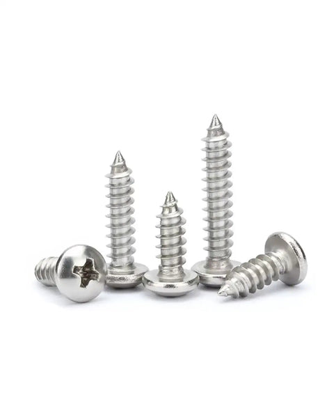 Heavy Duty 12 By 1 Inch Pan Head Phillips Sheet Metal Self Tapping Screws Rust Free 304 Stainless Steel Fasteners 50 Pack close up of screws