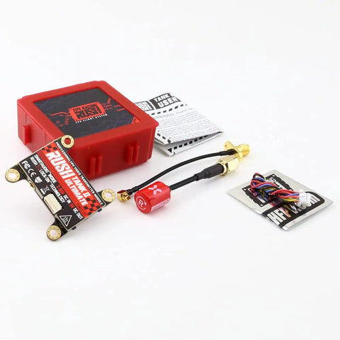 Beefy Rush Tank III 5.8G FPV Video Transmitter 30x30mm with Foxeer Antenna and red casing for FPV racing drones.