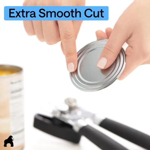 Close-up of hands showing the smooth cut from Heavy Duty Stainless Steel Smooth Edge Manual Can Opener And Bottle Opener