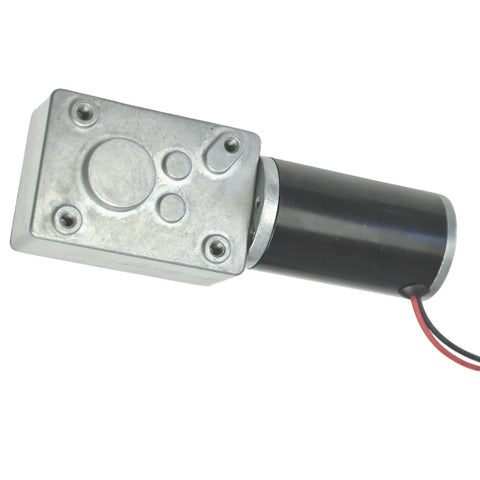 Side view of a DC gear motor with metal gearbox and black housing; red and black power wires visible