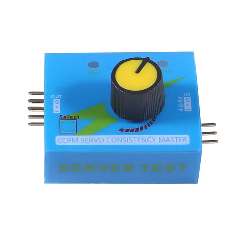 Blue CCPM servo consistency master device with black rotary control on top, buttons for server testing.