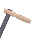 Scythe With Grinding Stone And Wooden Handle For Grass And Weeds, Serrated Edge Garden Tool handle detail with wooden grip.