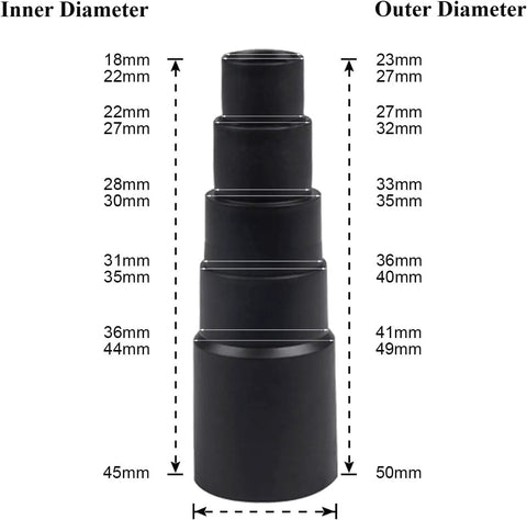 Universal Vacuum Attachments Set 1.25 Inch with Hardwood Floor Brush shown with adapter size details for most vacuums