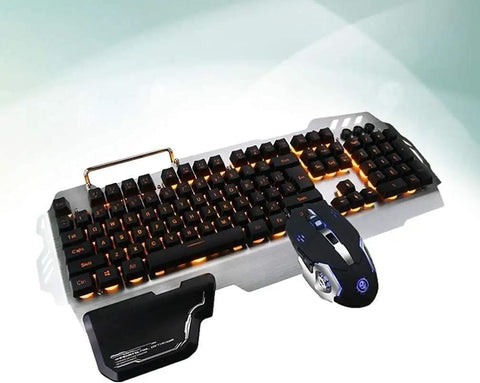 Slick Gaming Keyboard And Mouse Combo With Vivid Backlight And Snappy Mechanical Feel Plug And Play Usb Wired Pair For Home Or Work Setup Featuring Flexible Floating Keys on a desk with ergonomic palm rest.