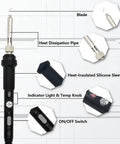 Detailed view of the Afantti Electric Hot Knife Plastic Cutter with components labeled, showing heat-insulated sleeve and temperature control.