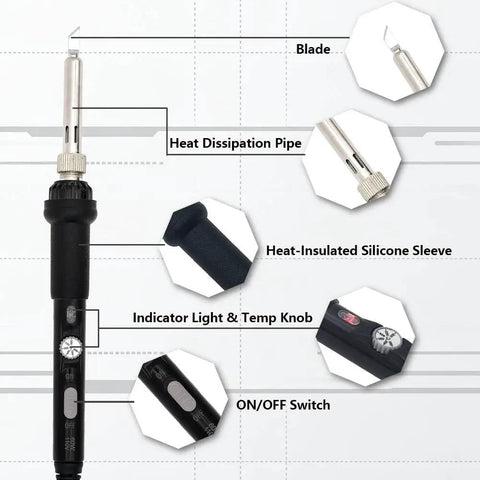 Detailed view of the Afantti Electric Hot Knife Plastic Cutter with components labeled, showing heat-insulated sleeve and temperature control.